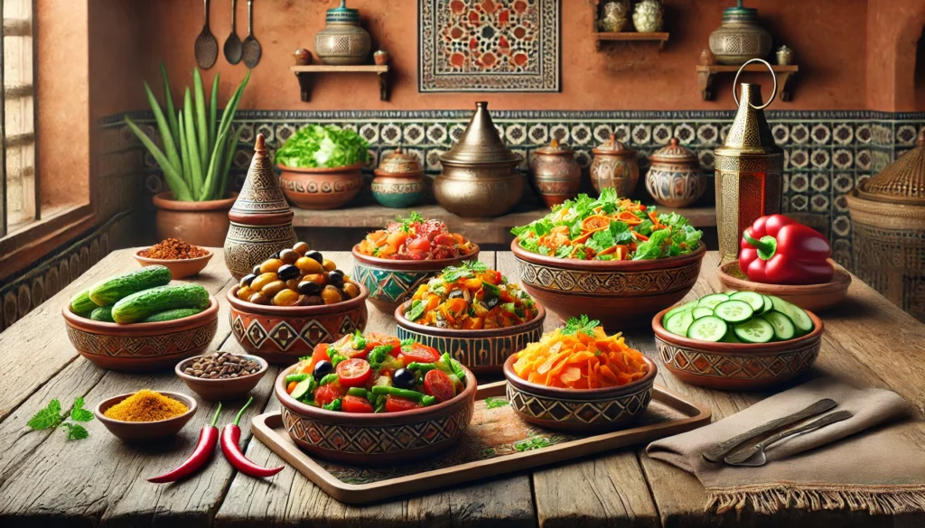 **Traditional Moroccan Kitchen with Authentic Salad Dishes – Vibrant and Flavorful Moroccan Cuisine**
