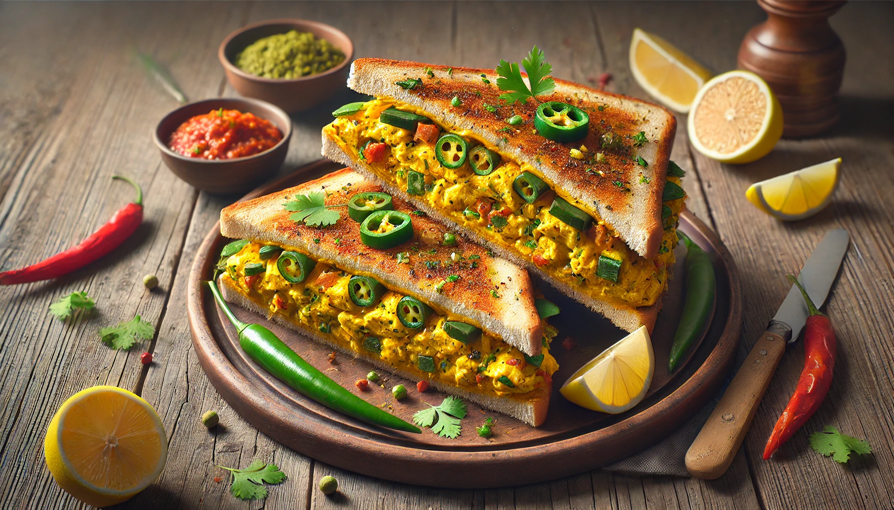 الصورة تعبر عن Egg Bhurji Sandwich بالذكاء الاصطناعي