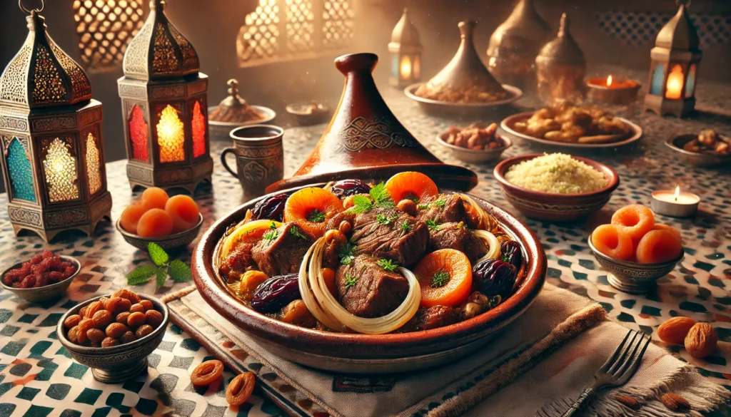 Authentic Moroccan Lamb Tagine with Dried Fruits and Almonds. بالذكاء الاصطناعي 