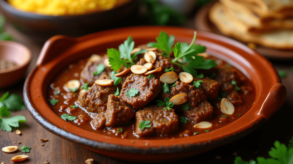 "Authentic Moroccan Lamb Tagine – Garnished with Almonds and Fresh Herbs"