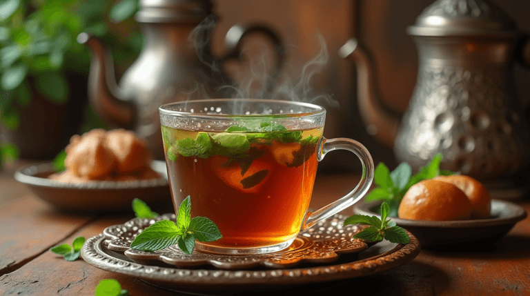 Authentic Moroccan Mint Tea in Traditional Glasses with Silver Teapot