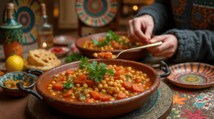 "Create a vibrant and appetizing image of **Moroccan chickpea stew**, featuring tender chickpeas slow-cooked with tomatoes, carrots, zucchini, and a rich blend of aromatic spices like cumin, coriander, saffron, and cinnamon. 🍲✨ The stew should be served in a traditional Moroccan **tagine** or rustic bowl, garnished with fresh cilantro, lemon wedges, and a drizzle of olive oil for an authentic touch. A person is joyfully enjoying a bite of the stew, with a satisfied and content expression, making the scene engaging and relatable. 😋🎉 The background should feature a cozy Moroccan dining setting, with colorful ceramic plates, intricate patterns, and warm lighting, evoking an inviting and authentic atmosphere. 🇲🇦🍽️ Ensure the blog domain name **‘Morocook’** is elegantly incorporated into the design, blending naturally with the overall composition."