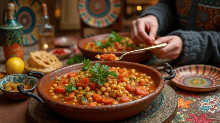 "Create a vibrant and appetizing image of **Moroccan chickpea stew**, featuring tender chickpeas slow-cooked with tomatoes, carrots, zucchini, and a rich blend of aromatic spices like cumin, coriander, saffron, and cinnamon. 🍲✨ The stew should be served in a traditional Moroccan **tagine** or rustic bowl, garnished with fresh cilantro, lemon wedges, and a drizzle of olive oil for an authentic touch. A person is joyfully enjoying a bite of the stew, with a satisfied and content expression, making the scene engaging and relatable. 😋🎉 The background should feature a cozy Moroccan dining setting, with colorful ceramic plates, intricate patterns, and warm lighting, evoking an inviting and authentic atmosphere. 🇲🇦🍽️ Ensure the blog domain name **‘Morocook’** is elegantly incorporated into the design, blending naturally with the overall composition."