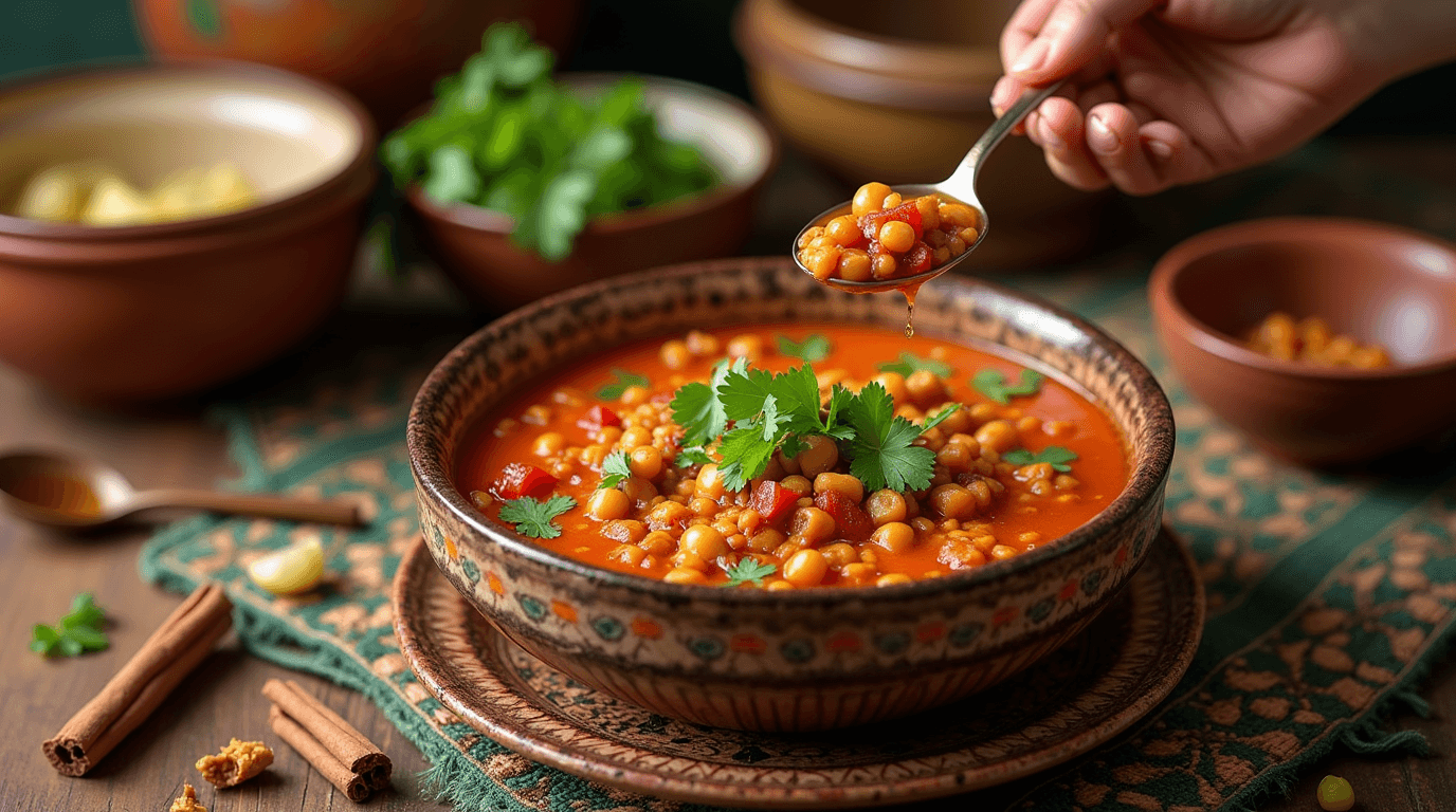 Authentic Moroccan Harira Soup - Traditional Tomato-Based Broth with Chickpeas and Herbs