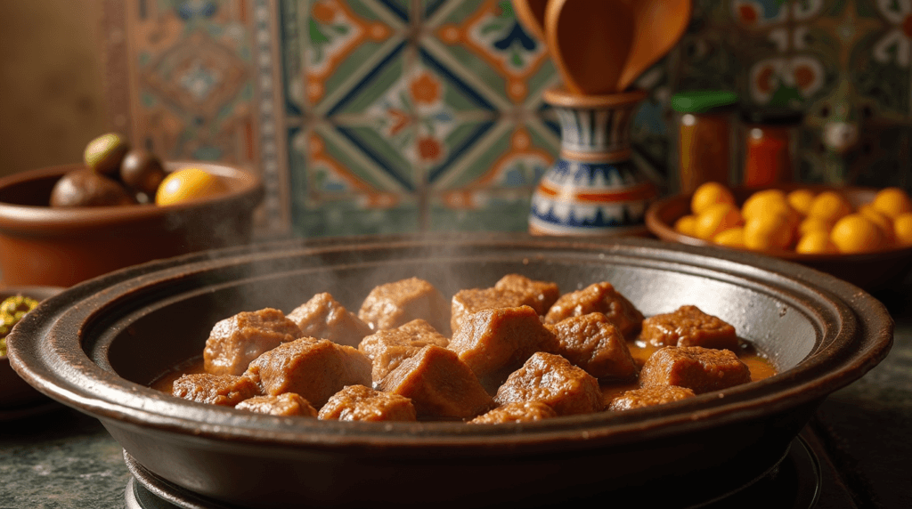 "Moroccan Lamb Dish – Perfectly Browning Lamb in Olive Oil for Rich Flavor"