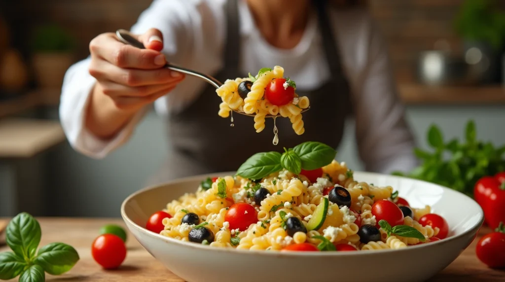 "A vibrant image of a Mediterranean Ditalini Pasta Salad, featuring fresh ingredients like cherry tomatoes, cucumber, black olives, bell peppers, and crumbled feta cheese, all tossed together with ditalini pasta. The salad should be drizzled with olive oil and lemon juice, and garnished with fresh basil leaves. In the scene, include a beautiful, realistic Italian female chef wearing a traditional chef's outfit, presenting the salad with a proud smile. A person should be sitting at the table, enjoying a spoonful of the healthy and refreshing salad. The background should feature a warm kitchen with wooden surfaces and cooking utensils, reflecting a relaxed Mediterranean atmosphere."
